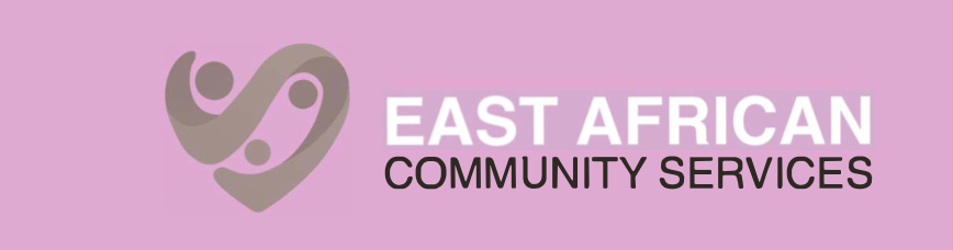 Taupe and Purple Heart Logo. Text: East African Community Services