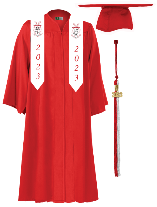 Red Graduation Cap and Gown with stole and tassel