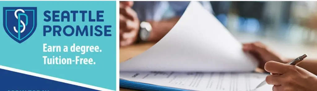 Filling out paperwork. Text: Seattle Promise Logo